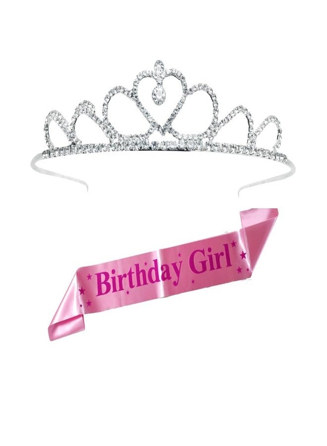 Decofy Birthday Sash & Crown Set | Tiara Crown HairBand For All Age Group Of Girls & Womens (3 Pc Set- With Pin-Pink) - Image 1
